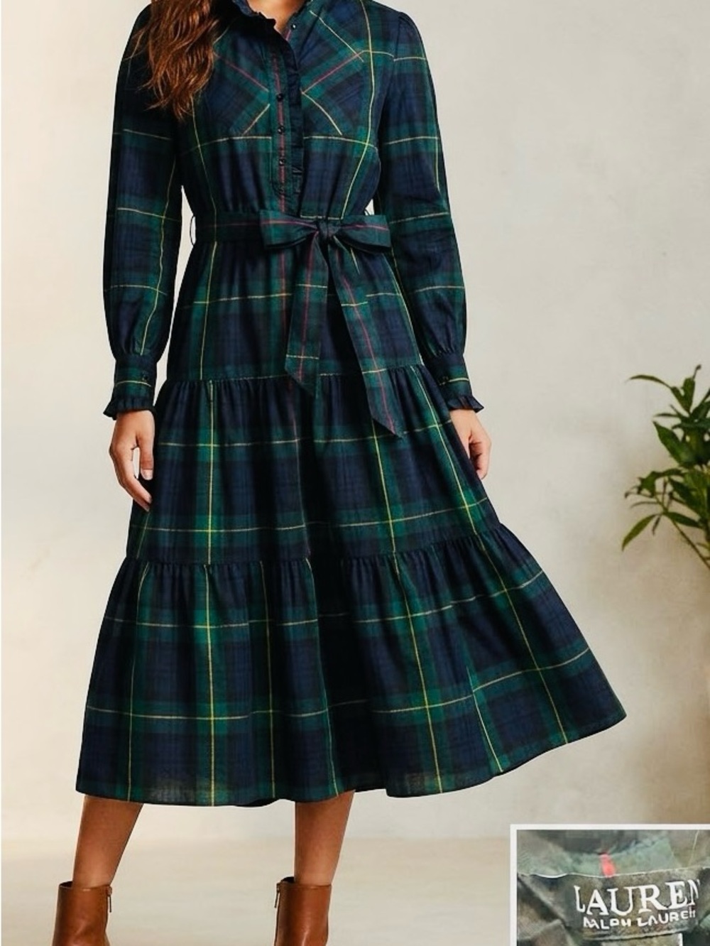 Lauren Ralph Lauren Green Navy Tartan Plaid Ruffle Tiered Midi Dress Sz 16